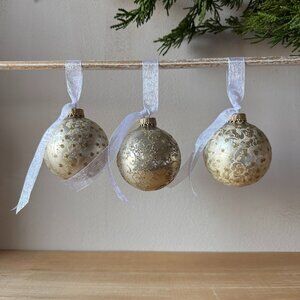 Vintage Champagne & Gold Glass Christmas Ornaments Set of 3